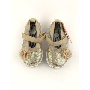 Gold Glitter Toddler Mary Jane Shoes With Flower Accent & Velcro Strap Closure S